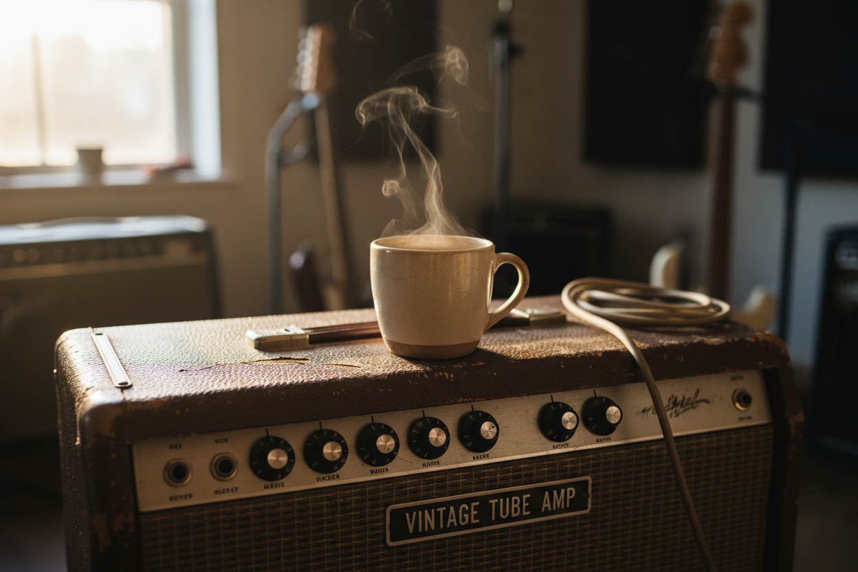 cupp of coffee sitting on a guitar amp