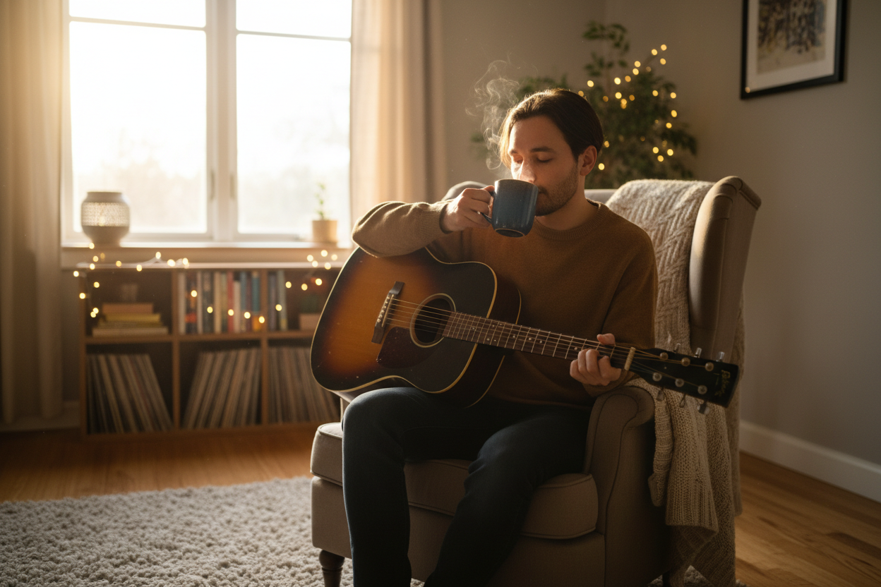 guitarist drinking coffee