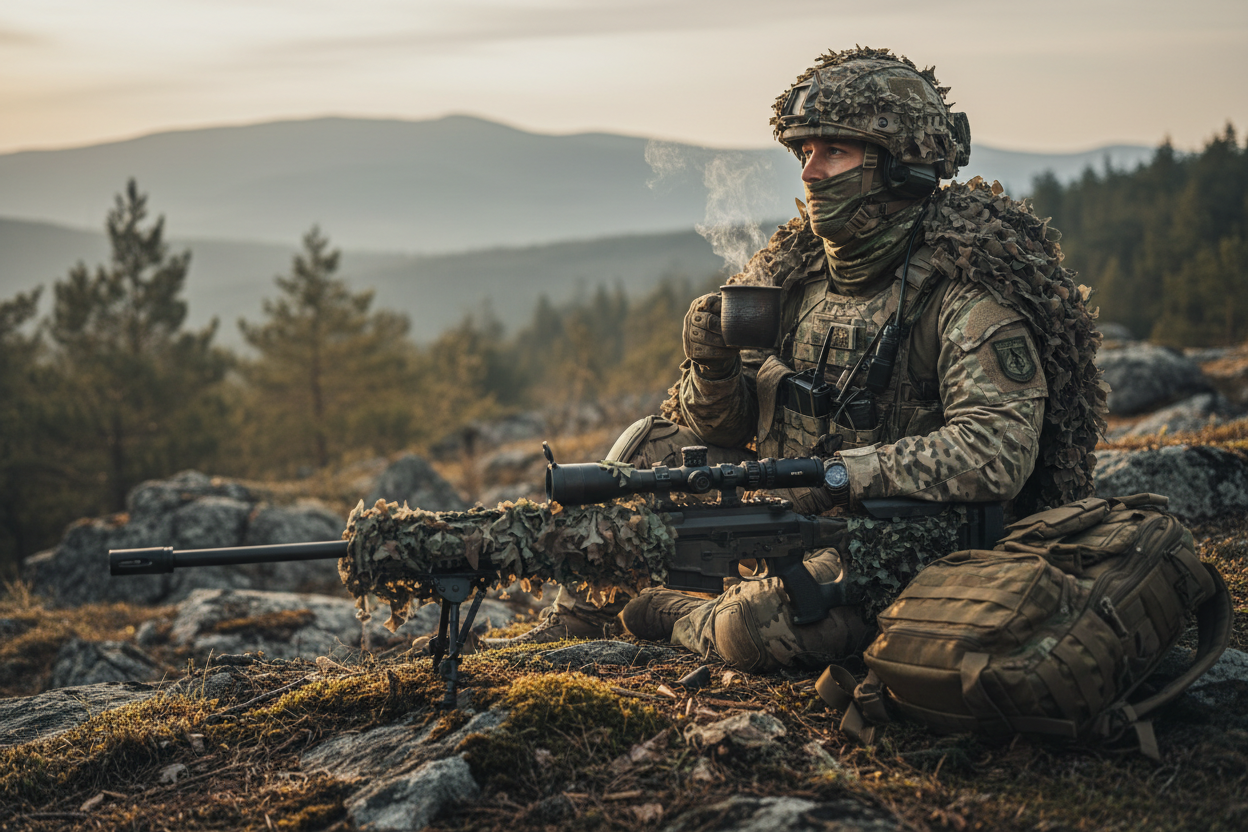 sniper drinking coffee